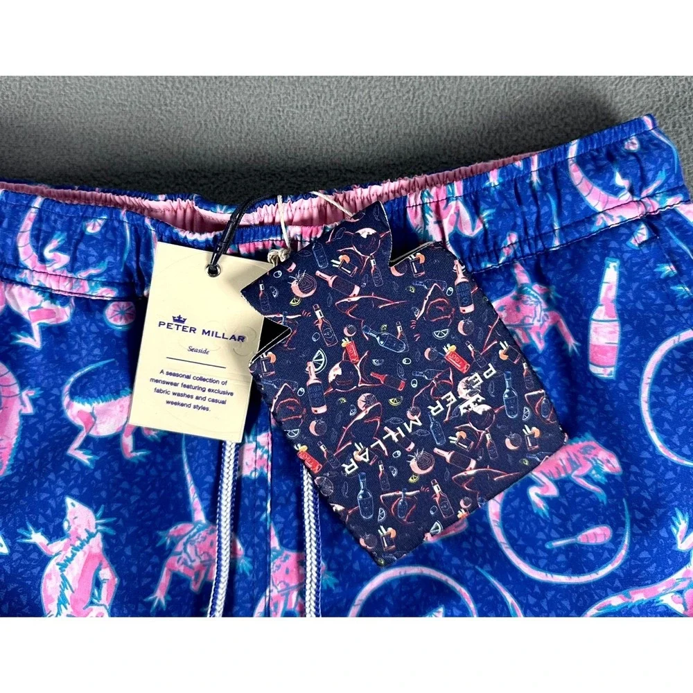 Peter Millar Swim Trunks Shorts Small Blue Pink Seaside Iguana‎ Geometric New